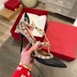Valentino Calfskin Nappa Rockstud Ankle strap heels